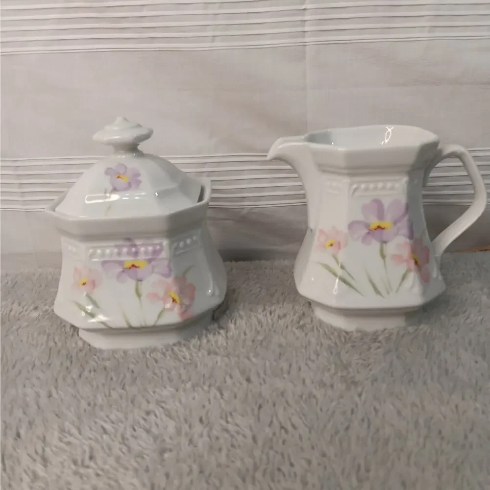 Mitterteich Floral Creamer and Sugar Dish Bowl with Lid White Purple Vintage